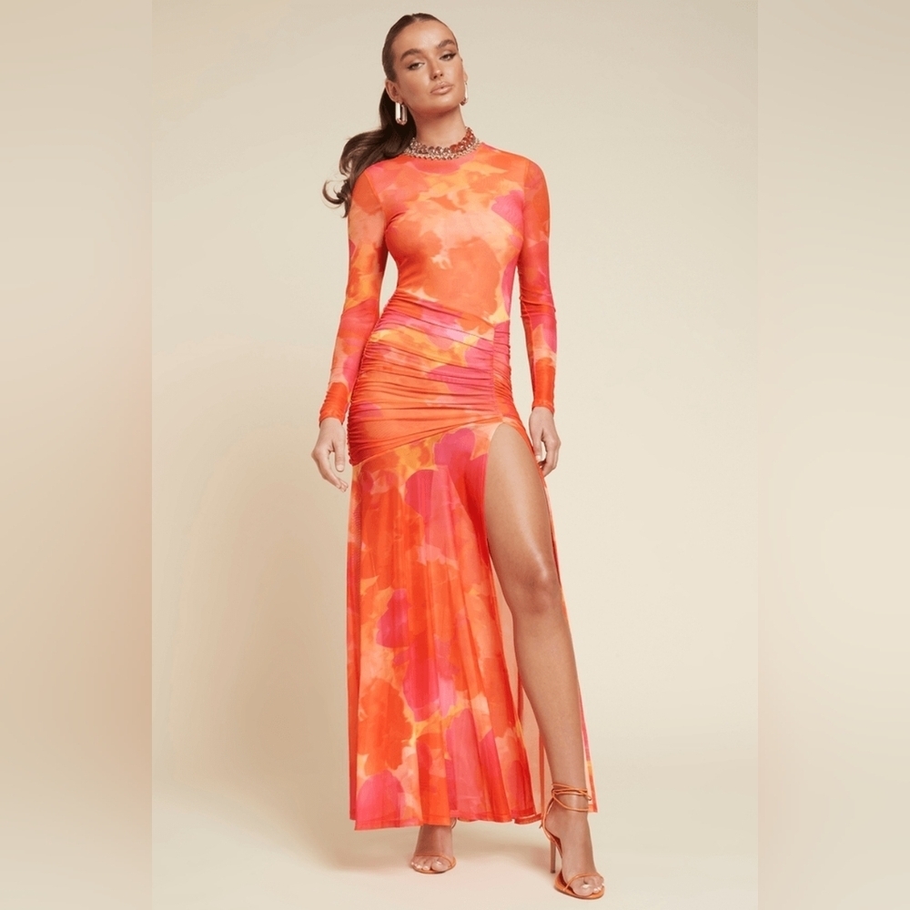 Yllw The Label Pink Orange Floral Long Sleeve Ruched High Slit Olivia Maxi Dress
